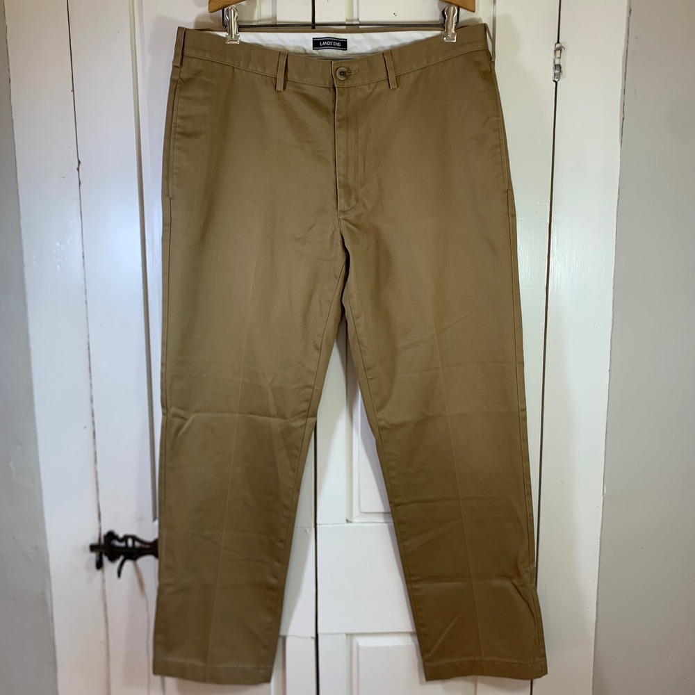 Lands End Mens 36 Tailored Fit Chino Pants Khaki Tan 100% Cotton Flat Front